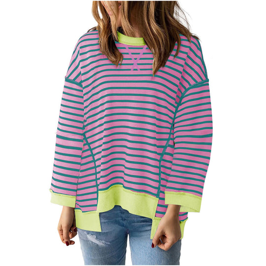Damen nan oversized gestreifter Sweatshirtpullover mit kontrastsaum, überschnittener Schulter und seitlichen Schlitzen EB