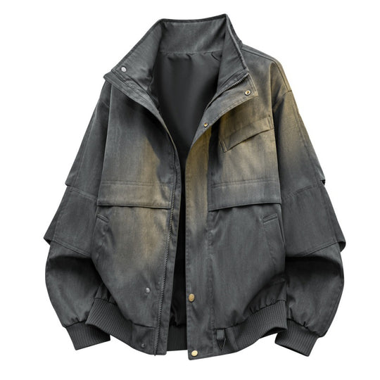 Herren urbaner Canvas-Utility-Blouson mit hohem Kragen, großflächigen Pattentaschen und elastischem Saum EB