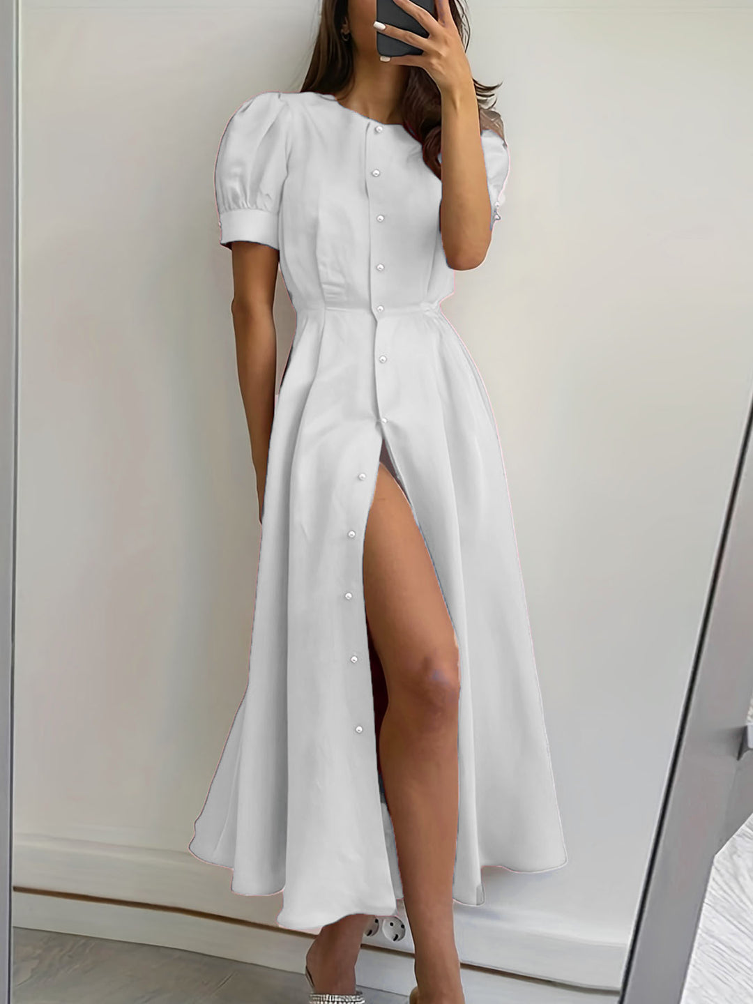 Damen Maxikleid mit Knopfleiste und seitlichem Schlitz EB