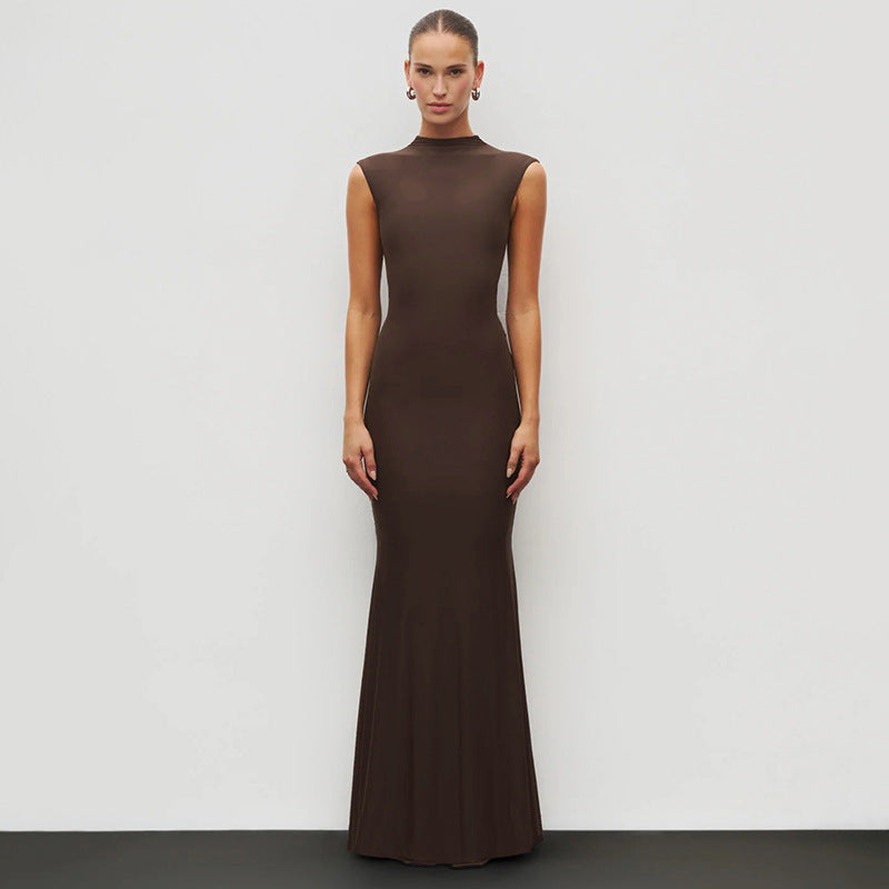 Damen Elegantes Schmalgeschossenes Maxikleid mit hohem Kragen EB