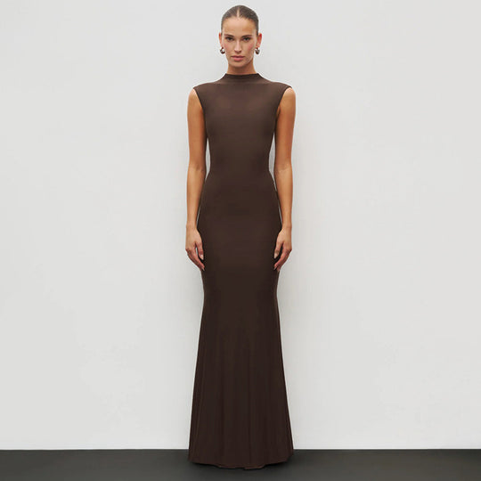 Damen Elegantes Schmalgeschossenes Maxikleid mit hohem Kragen EB