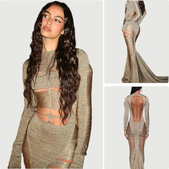 Damen Cut-Out Abendkleid mit langen Ärmeln und schwingendem Saum EB