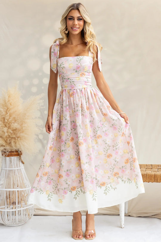 Damen Maxikleid mit verspielten Trägern und floralem Druck EB