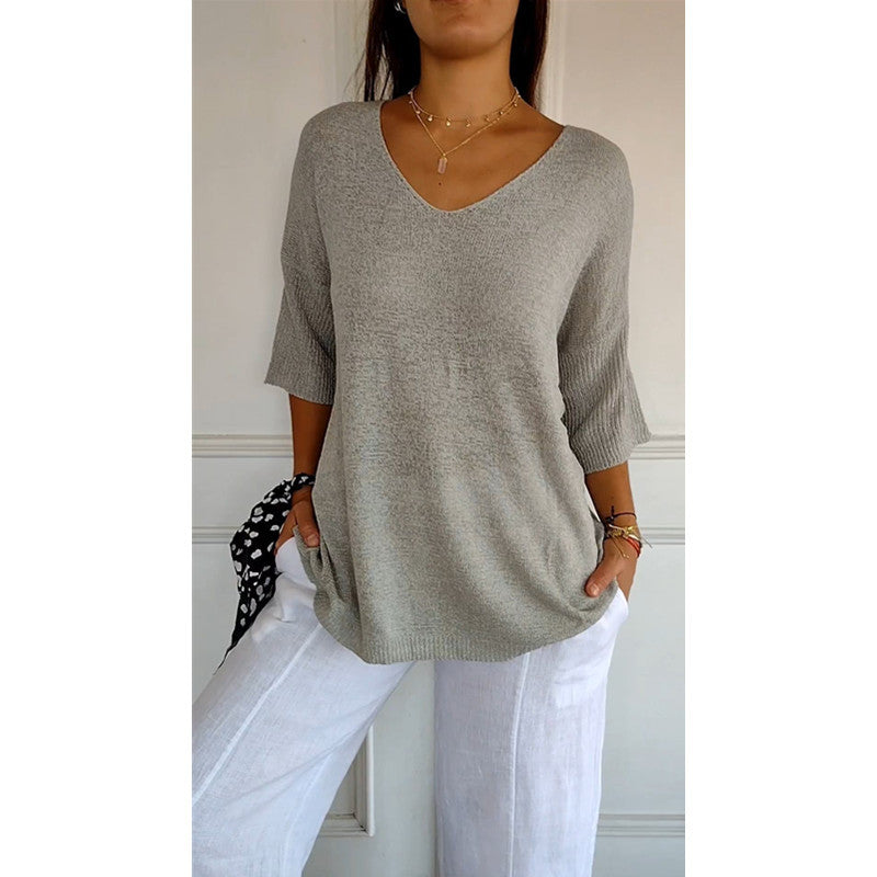 Damen nan locker sitzender V-Ausschnitt Feinstrickpullover mit dreiviertelÄrmeln EB
