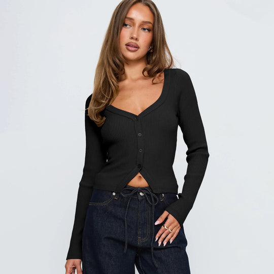 Damen Elegantes Ripp-Cardigan mit V-Ausschnitt und Knopfleiste EB