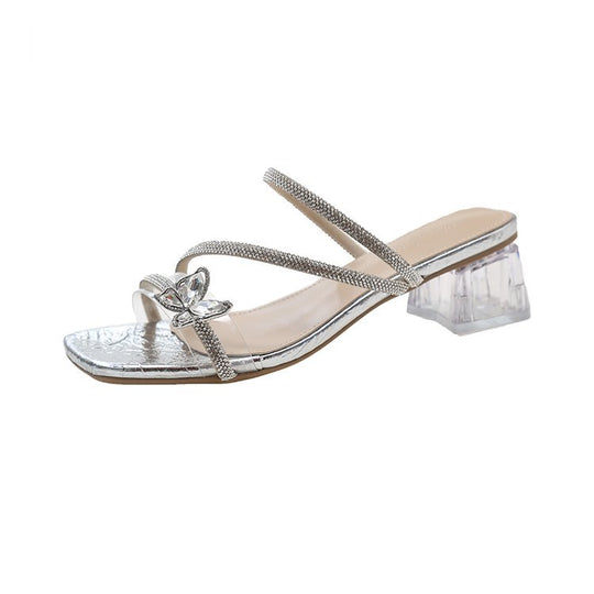 Damen glamouröse Sandalen mit funkelndem Riemen und transparentem Blockabsatz EB