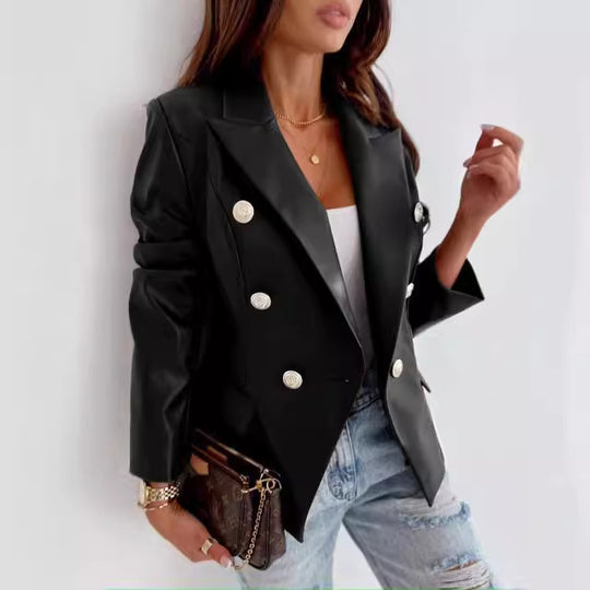 Damen eleganter Kunstleder Blazer mit doppelter Knopfleiste EB