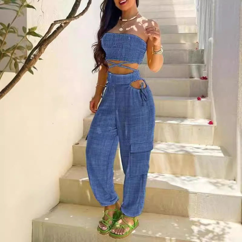 Damen Modischer Zweiteiler bestehend aus Crop Top und Cargo-Hose EB