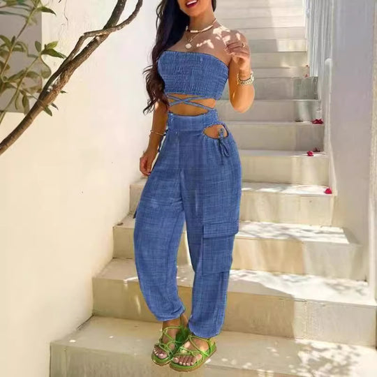 Damen Modischer Zweiteiler bestehend aus Crop Top und Cargo-Hose EB