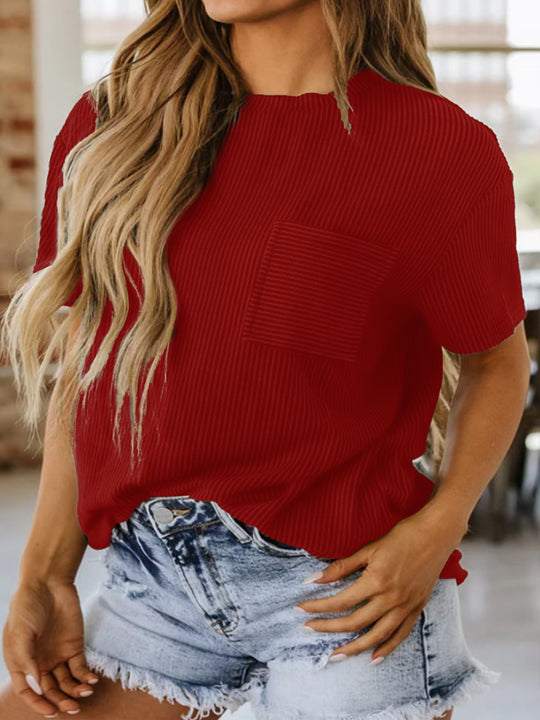 Damen lässiges Kurzarmshirt mit strukturierter Oberfläche und praktischem Brusttaschen EB