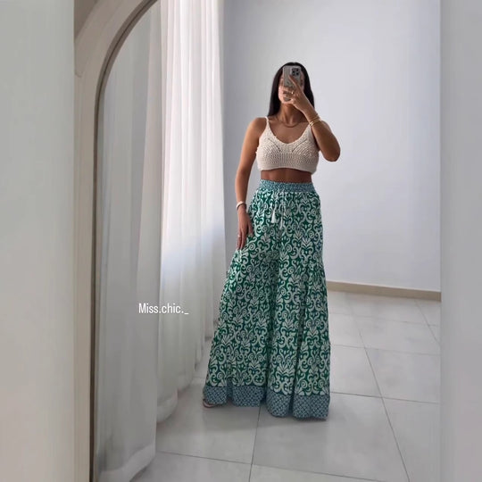 Damen weite Baumwollhose mit eingezogenem Gummibund und modernen Mustern EB