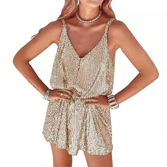 Damen Glitzerndes Jumpsuit mit tiefem V-Ausschnitt und elastischer Taille EB