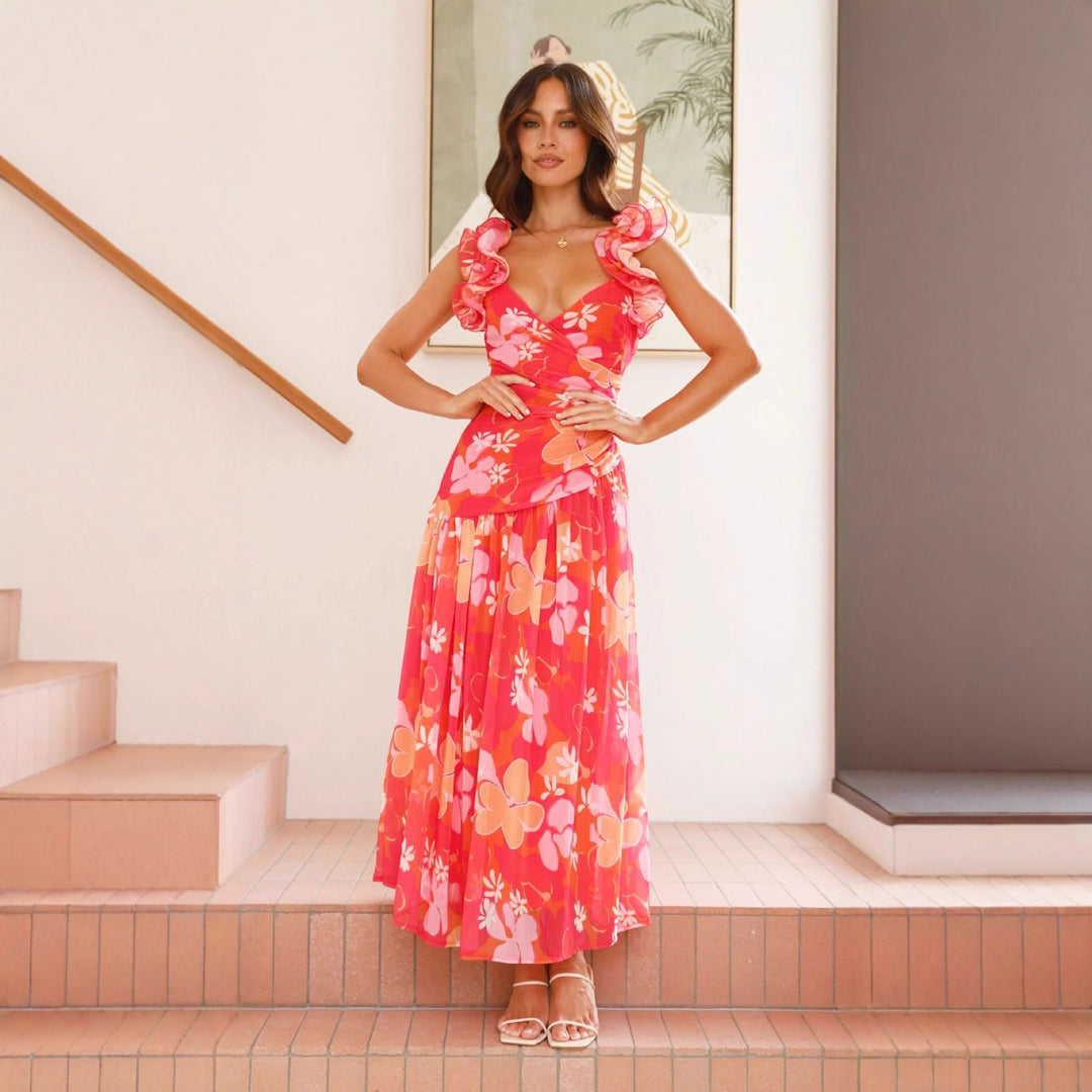 Damen Maxikleid mit eleganten Rüschen und figurbetontem Schnitt EB
