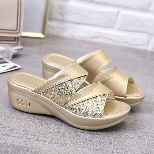 Damen glamouröse Wedge-Pantoletten mit Glitzerakzenten EB