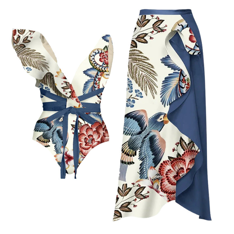 Damen Badeanzug-Set mit floralen Rüschen und taillierter Shorts EB