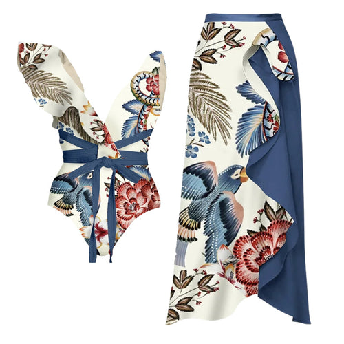 Damen Badeanzug-Set mit floralen Rüschen und taillierter Shorts EB
