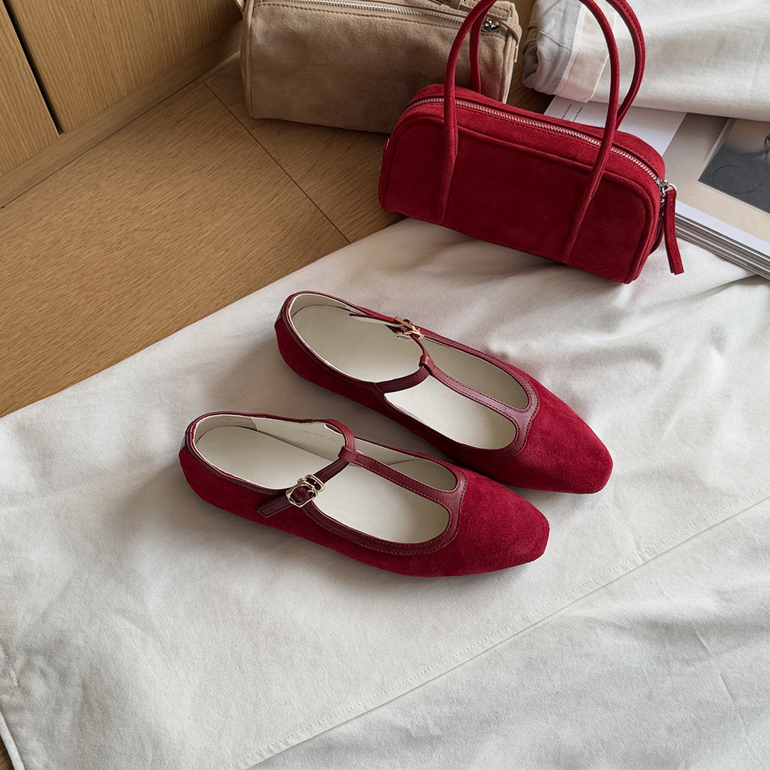 Damen Elegante Mary Jane Ballerinas aus hochwertigem Wildleder mit verstellbarem Riemchen EB