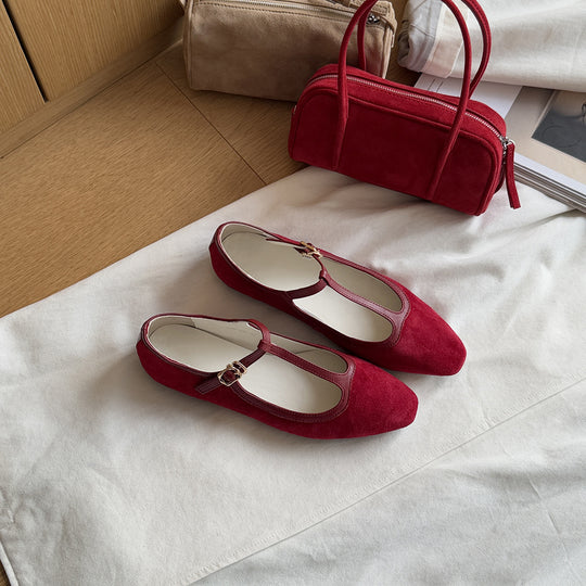 Damen Elegante Mary Jane Ballerinas aus hochwertigem Wildleder mit verstellbarem Riemchen EB