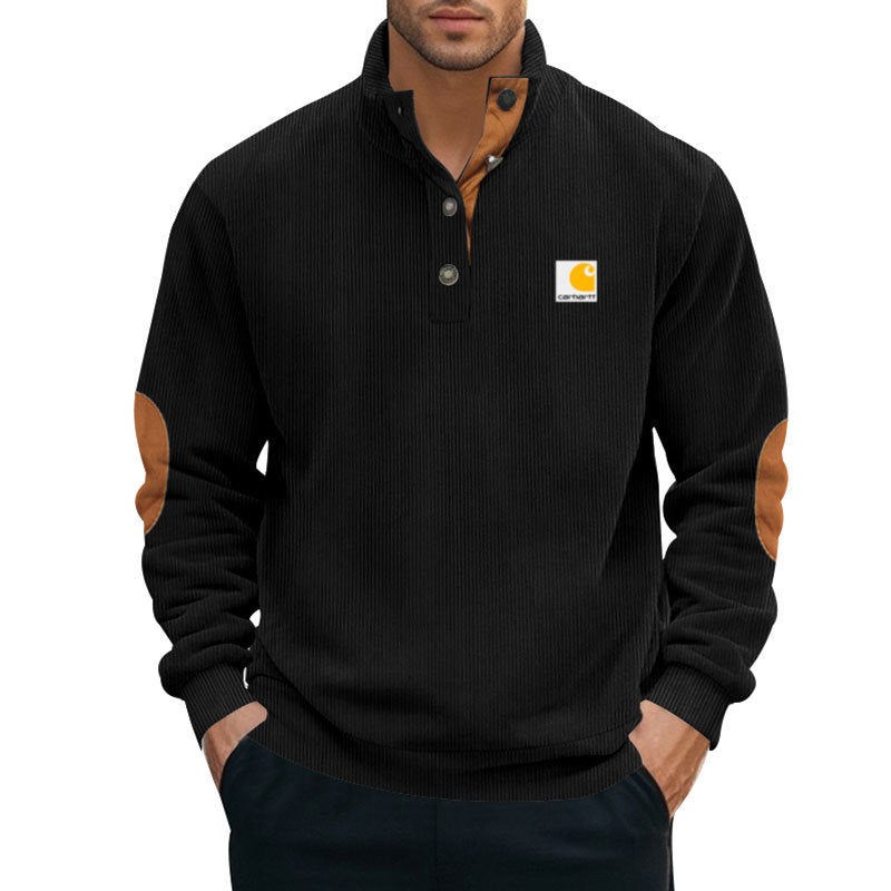 Herren nan Strickpullover im Troyer-Stil mit Stehkragen Lederbesatz Druckknopfleiste und Ellbogen-Patches EB