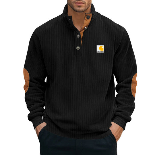 Herren nan Strickpullover im Troyer-Stil mit Stehkragen Lederbesatz Druckknopfleiste und Ellbogen-Patches EB