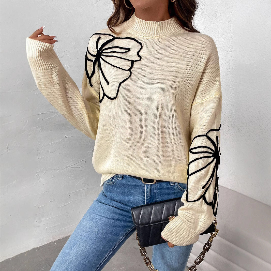 Damen modischer Strickpullover mit floralen Akzenten und hochgeschlossenem Kragen EB