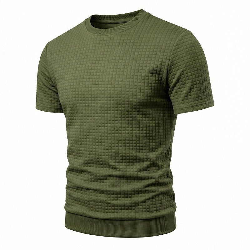 Herren nan kurzärmeliges Strickshirt mit geprägter Karostruktur, Rundhalsausschnitt und geripptem Saum EB