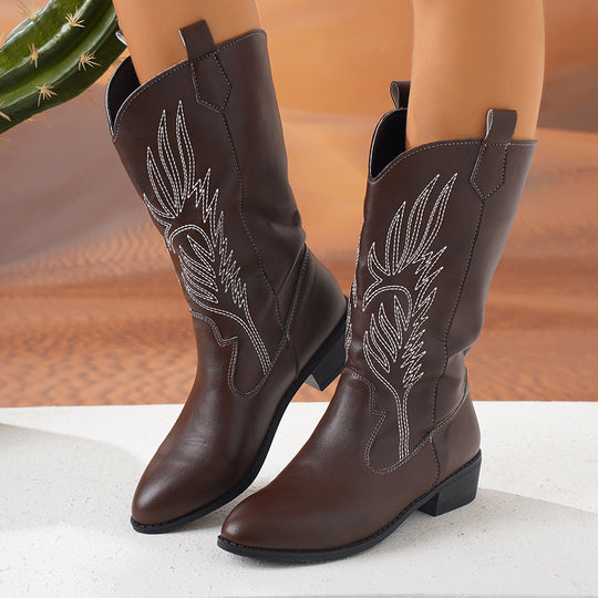 Damen Cowgirl-Kniehoher Stiefel mit dekorativer Stickerei, Pull‑Tabs und komfortablem Blockabsatz EB