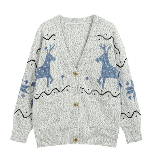 Damen Gemütlicher Cardigan mit Rentier-Motiv und Taschen EB
