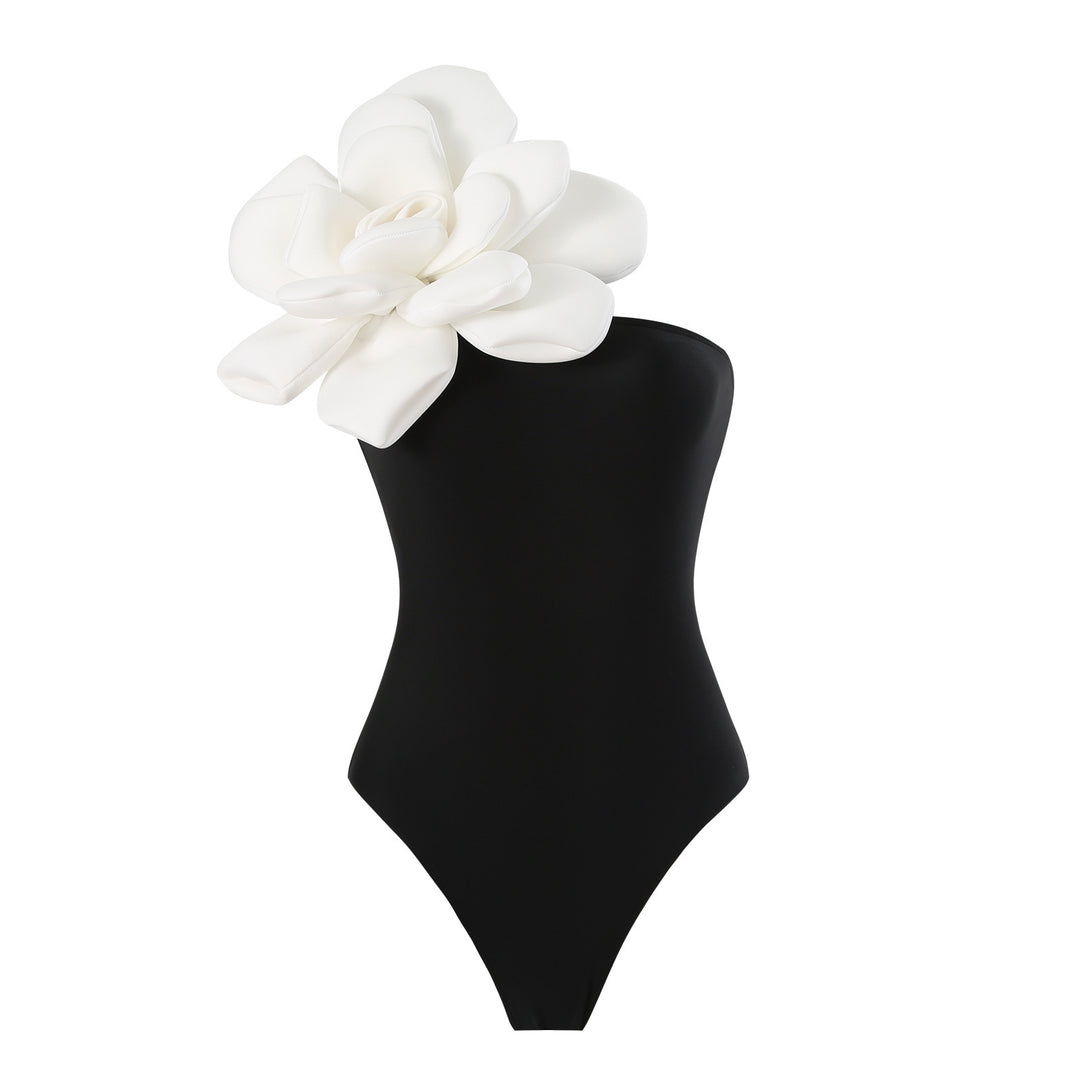 Damen Eleganter Badeanzug mit großem Blumen-Detail und transparentem Überrock EB
