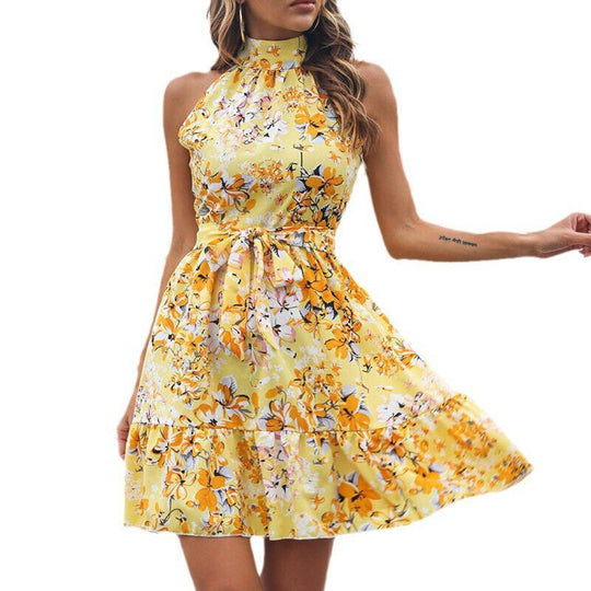 Damen Verspieltes Blumenkleid mit hohem Kragen und Rüschensaum EB