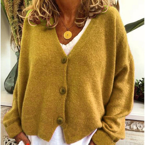 Damen lässiger Strickcardigan mit tiefem V-Ausschnitt und großen Knöpfen EB