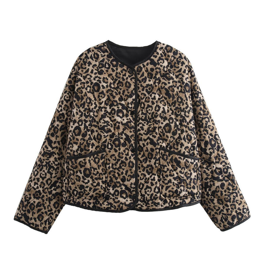 Damen Steppjacke mit modernem Leo-Print und praktischen Taschen EB