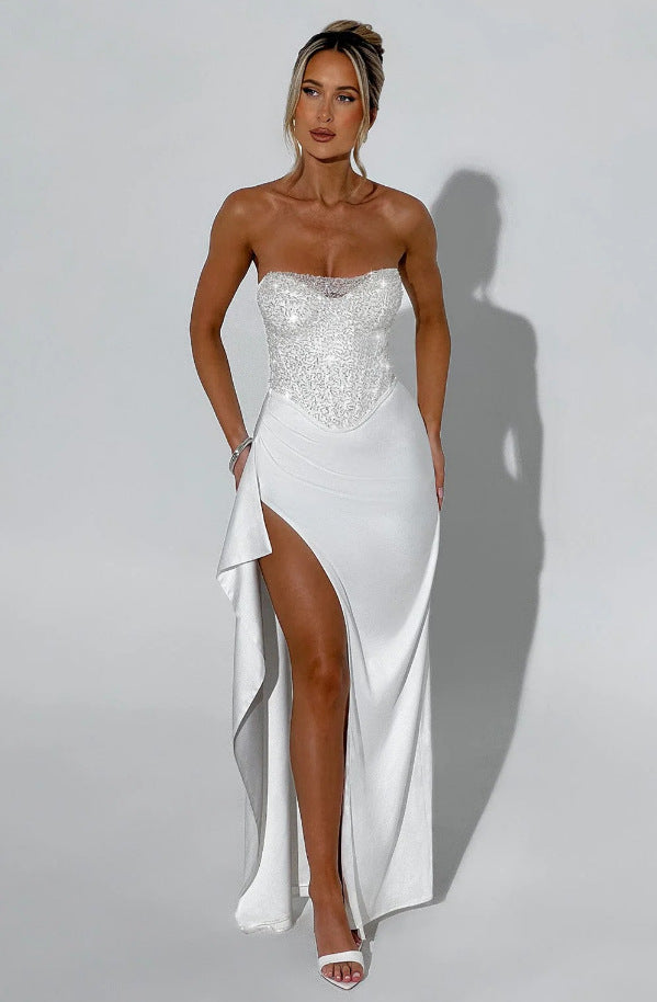 Damen Elegantes Abendkleid mit schimmerndem Oberteil und hohem Schlitz EB