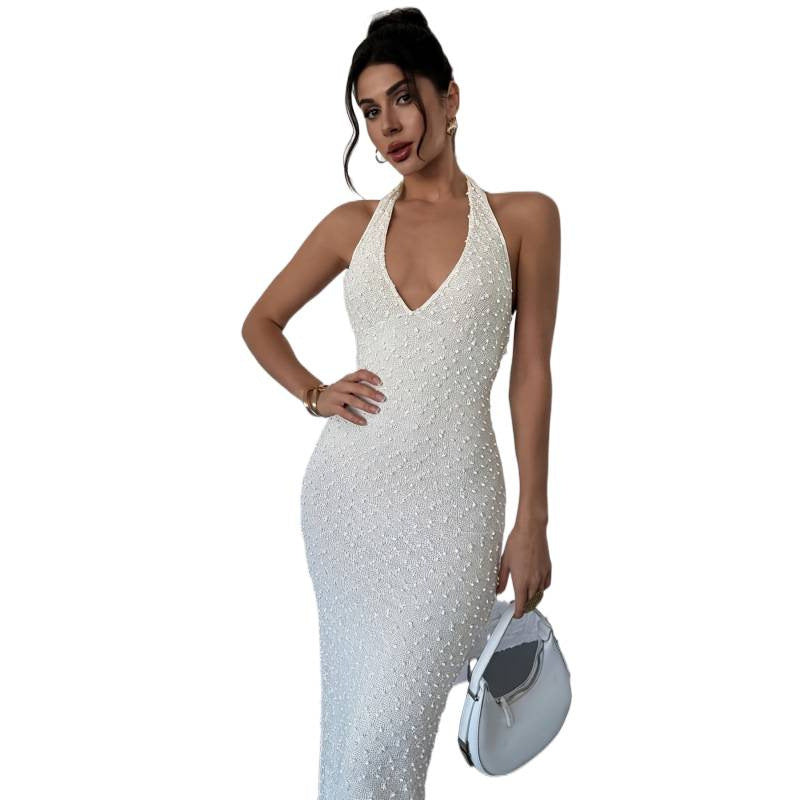 Damen Elegantes Abendkleid mit Hochzeitsperlen und tiefem V-Ausschnitt EB