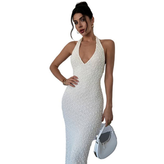 Damen Glamouröses Abendkleid mit hochgeschlossenem Design und funkelnden Perlendetails EB