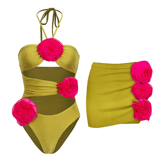 Damen Badeanzug-Set mit verspielten Blumendekorationen EB