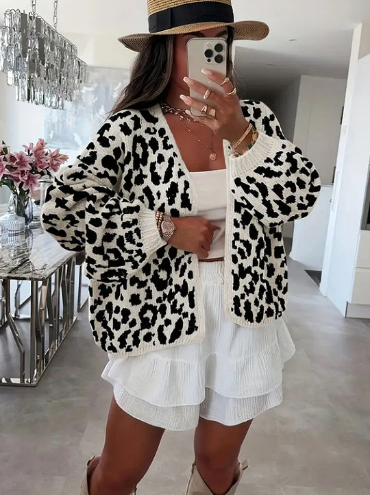 Damen lässiger Strickcardigan mit elegantem Leopardenmuster EB