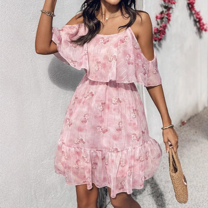Damen fließendes Sommerkleid mit kaltem Schulterdesign und Rüschendetails EB