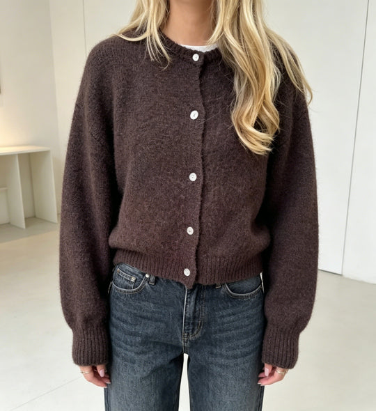 Damen Kuschelige Mohair-Optik Strickjacke mit Rundhals und Ballonärmeln EB