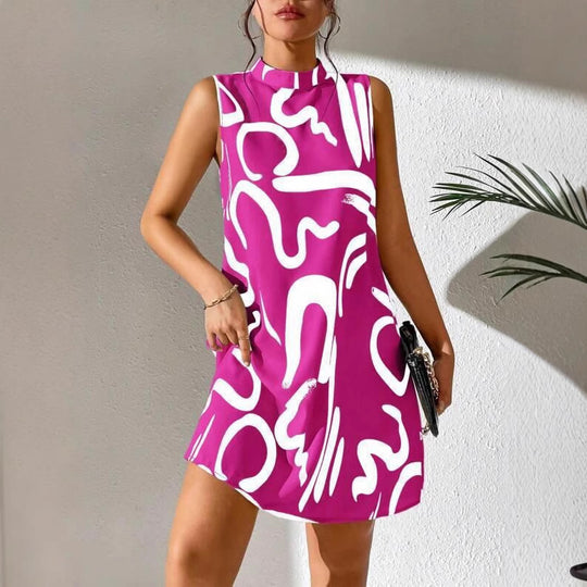 Damen A-linien Minikleid mit modernem grafischem Muster und Stehkragen EB