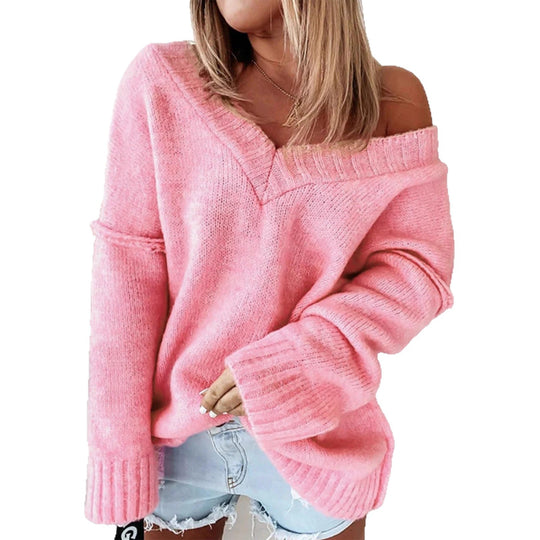 Damen Off-Shoulder Strickpullover mit weitem Schnitt und Rippenden EB