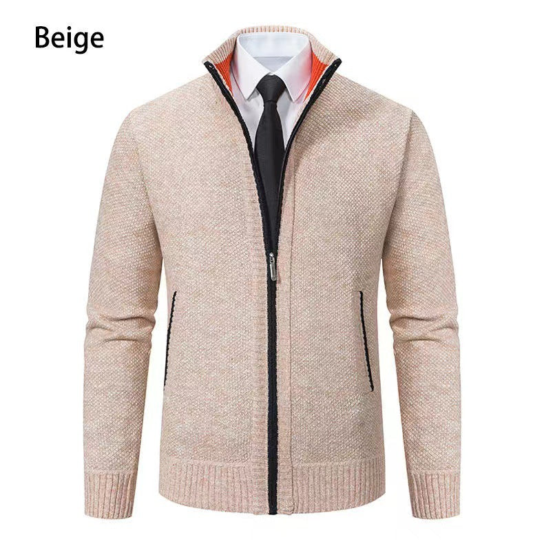 Herren nan melierte Strickzipjacke mit hohem Stehkragen, feiner Struktur und verdeckten Eingrifftaschen EB