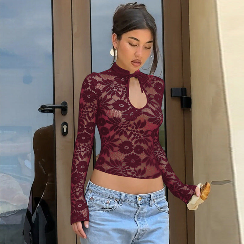 Damen Elegantes Spitzenoberteil mit hochgeschlossenem Design und floralem Muster EB
