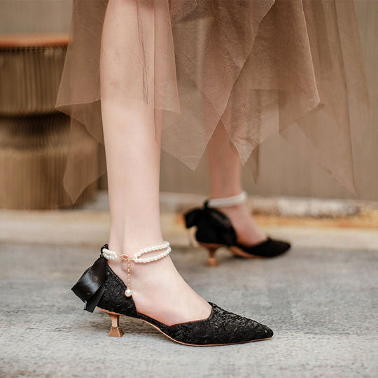 Damen elegante spitze Slingback-Pumps mit luxuriösem Perlenschmuck EB