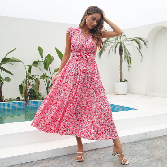 Damen Maxikleid mit floralem Muster und Taillengürtel EB