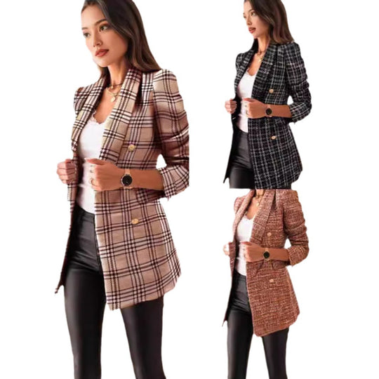 Damen nan taillierter kariert langer Blazer mit Doppelreiher und Schulterpolstern EB