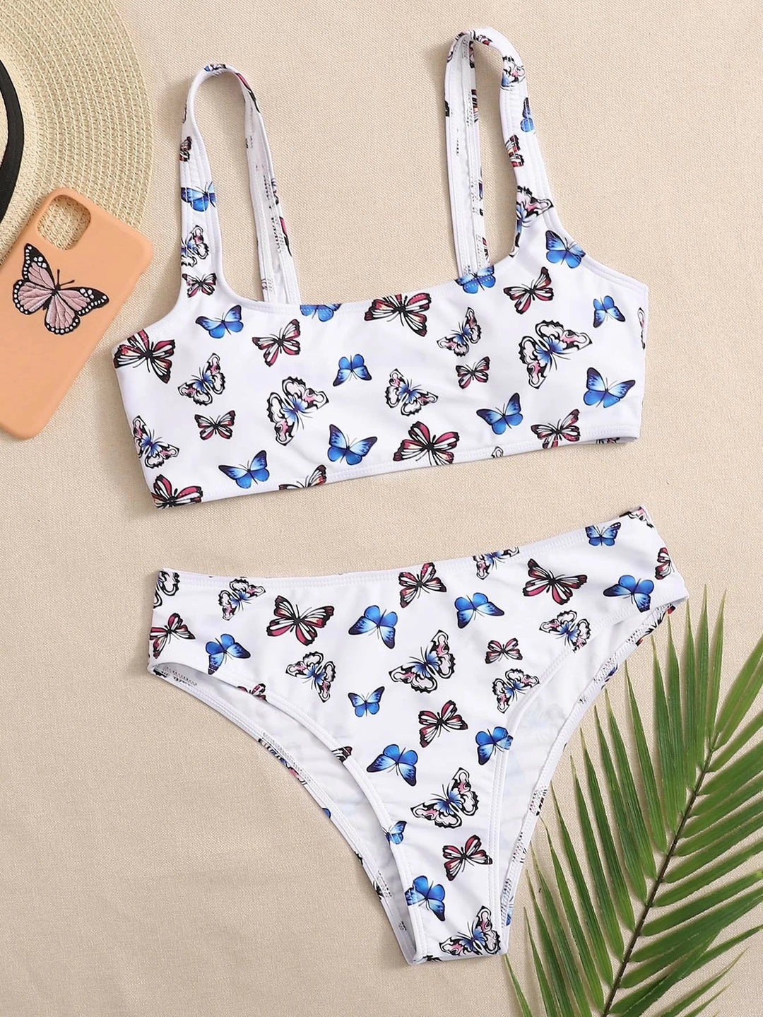 Damen Crop-Bikini-Set mit buntem Schmetterlingsdruck EB