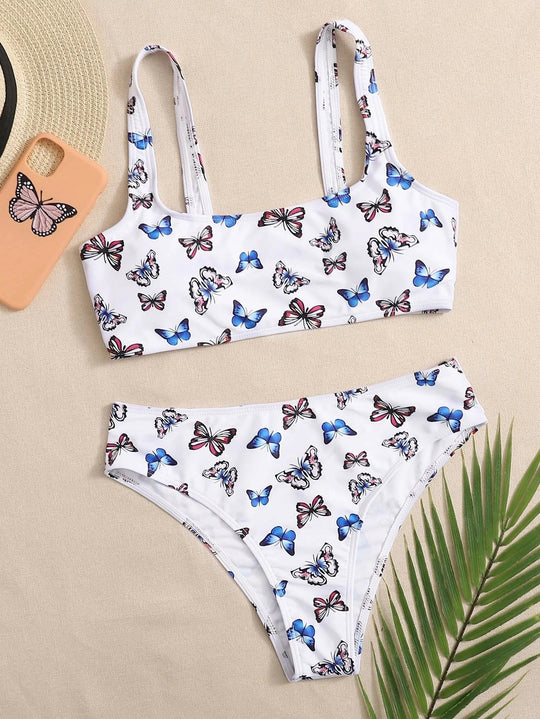 Damen Crop-Bikini-Set mit buntem Schmetterlingsdruck EB