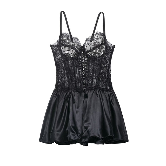 Damen Spitzen-Nachtkleid mit hochwertiger Satin-Rockpartie EB