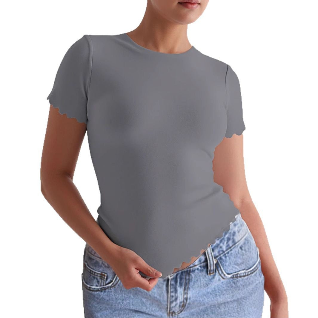 Damen Kurzarm-T-Shirt mit geschwungenen Säumen und figurbetonter Passform EB